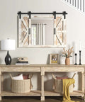 Farmhouse Barn Door Mirror With Rustic Wood Frame 37 By 26 Inches Wall Decor above console table in living room