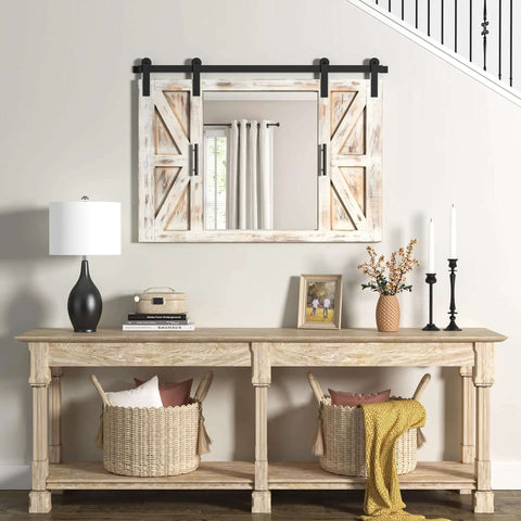 Farmhouse Barn Door Mirror With Rustic Wood Frame 37 By 26 Inches Wall Decor above console table in living room