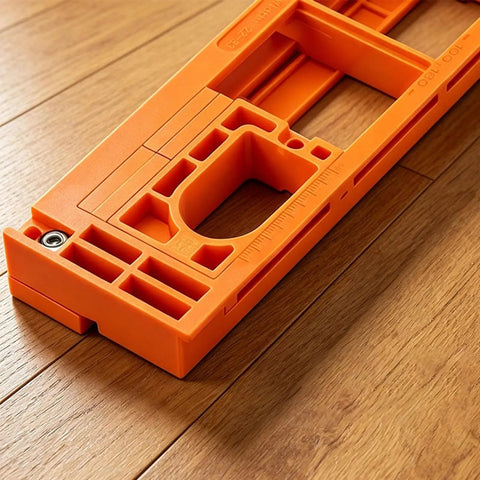 Adjustable Concealed Hinge Router Template For Seamless Cabinet Doors And Reusable Woodworking Guides Dead Nuts Accuracy With Hassle Free Install For Diy Builders, orange jig on wood floor.