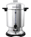 Front view of a commercial coffee urn and hot beverage dispenser for 60 cup capacity polished stainless steel exterior.