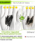 Comparison of black oxide plus zinc plated screws versus black oxide screws held by gloved hand, K Kwokker branding.