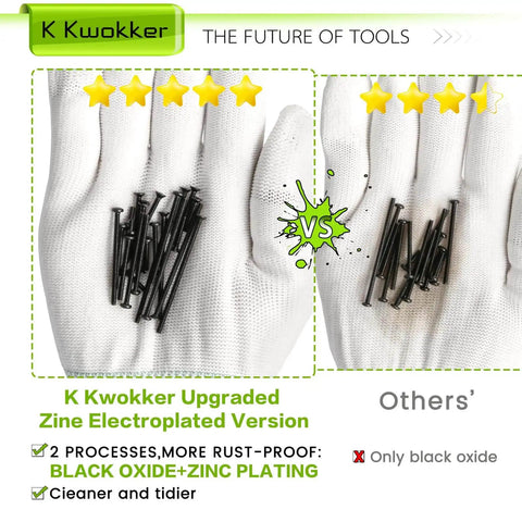 Comparison of black oxide plus zinc plated screws versus black oxide screws held by gloved hand, K Kwokker branding.