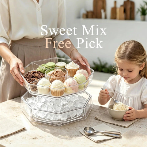 Five Compartment Chilled Serving Lazy Susan With Secure Hinged Lid, Divided Plastic Condiment Caddy For Shrimp Buffets, Removable Trays Kickback Ready For Backyard Crews And Tailgates with ice and sweets.