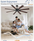 Family enjoying quiet time under 65 Inch No Light Ceiling Fan With Remote In Black, Large Indoor Outdoor Ceiling Fan With Quiet Reversible DC Motor, Six Speed Settings, Eight Blades.