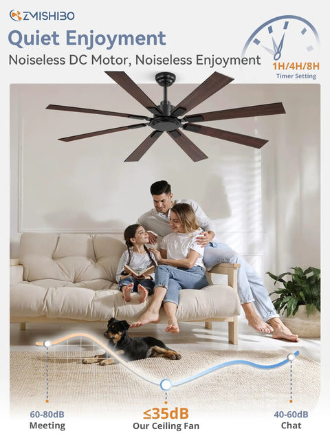 Family enjoying quiet time under 65 Inch No Light Ceiling Fan With Remote In Black, Large Indoor Outdoor Ceiling Fan With Quiet Reversible DC Motor, Six Speed Settings, Eight Blades.