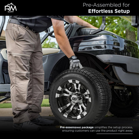 Man installing Warlock Black And Machined 10 Inch Golf Cart Wheel And Tire Kit With 205/50-10 Low Profile Tires