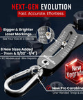 Gen2 Bolt Size Finder Tool Keychain For Measuring Nuts And Bolts SAE Five Thirty Second Inch To One Inch And Metric Four To Twenty Five Millimeter Wrench And Socket Size Finder Nut And Bolt Fastener Measuring Tool Gift For Makers Gearheads And DIYers showing laser markings and carabiner