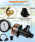 Front view: manual air relief valve assembly with pool filter pressure gauge, brass connector and black body.