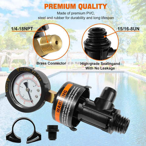 Front view: manual air relief valve assembly with pool filter pressure gauge, brass connector and black body.
