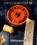 Fire Strip Roll 50-Foot Weatherproof Waxed Fire Starter Tinder Tape, Procamptek branding on label, close-up of waterproof feature.