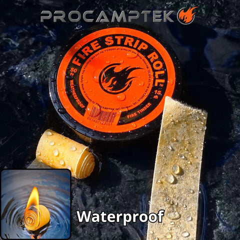 Fire Strip Roll 50-Foot Weatherproof Waxed Fire Starter Tinder Tape, Procamptek branding on label, close-up of waterproof feature.