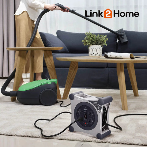 Built Tough Retractable Extension Cord Reel With Four Outlets And Circuit Breaker Protection 35 Foot Auto Rewind Design eliminates tangled cords for a vacuum.