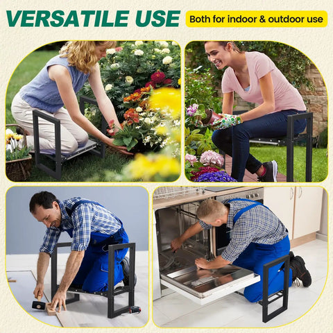 Heavy Duty Folding Garden Kneeler And Seat With Handles, used by people for gardening and home tasks, stable stool for sitting and kneeling