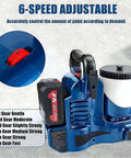 Heavy Duty Cordless Airless Paint Sprayer With High Pressure Adjustable Flow And Spacious Paint Reservoir Featuring Dual Batteries For No Sweat Home Painting Jobs All Day Long showing 6-speed adjustable settings and control details.
