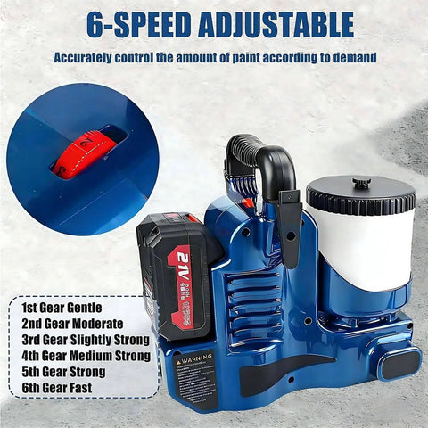 Heavy Duty Cordless Airless Paint Sprayer With High Pressure Adjustable Flow And Spacious Paint Reservoir Featuring Dual Batteries For No Sweat Home Painting Jobs All Day Long showing 6-speed adjustable settings and control details.