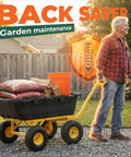Beefy Garden Dump Cart With 1400LB Capacity for lawn and landscaping tasks, shown towing mulch and firewood.