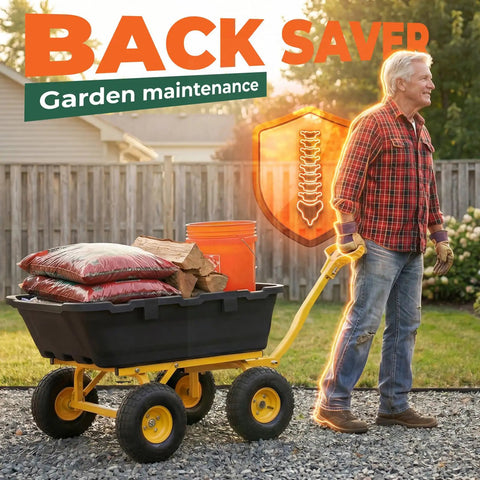 Beefy Garden Dump Cart With 1400LB Capacity for lawn and landscaping tasks, shown towing mulch and firewood.