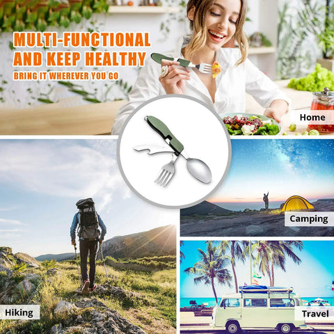 4 In 1 Camping Utensil Set With Detachable Fork Spoon Knife And Bottle Opener For Hiking And Backpacking in various settings