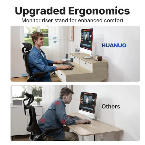 Comparison of ergonomic setup with 32 by 20 inch electric standing desk with four drawers versus standard desk.