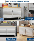 61 Inch Heavy Duty Rolling Tool Chest And Workbench With 15 Drawers, Solid Rubber Wood Top, Lockable Wheels, Built-In Power Outlets And USB Ports, Drawer Liners, Great For Garage, Workshop, And Warehouse Storage Solutions in garage, workshop, kitchen