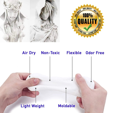 Hands stretching Cosplay Foam Clay White High-Density For Intricate Designs Air Dries In 48 Hours showing properties and sculptures