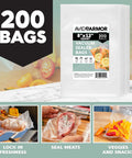 Heavy Duty Vacuum Sealer Bags 200 Quart 8x12 Inches For Food Storage And Sous Vide Meal Prep BPA Free Pre Cut Embossed Grooved Seal Keeps It Fresh In The Freezer Every Time package with examples of sealing food items