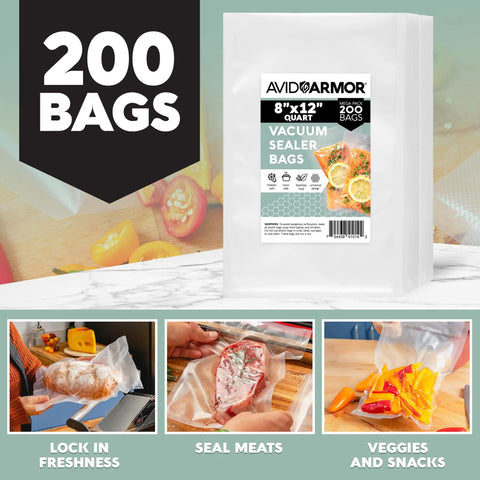 Heavy Duty Vacuum Sealer Bags 200 Quart 8x12 Inches For Food Storage And Sous Vide Meal Prep BPA Free Pre Cut Embossed Grooved Seal Keeps It Fresh In The Freezer Every Time package with examples of sealing food items