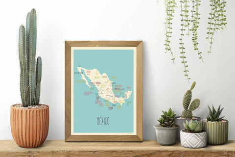 Mexico Map Poster 11x14 Blue Wall Art For Kids And Classrooms, Educational Geography Print on shelf with cacti and plants