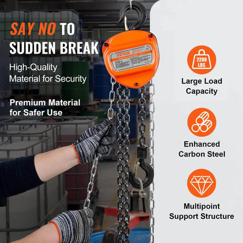 1 Ton Hand Chain Hoist 20 Ft Lift 2200 Lbs G80 Galvanized Chain with large load capacity and enhanced carbon steel
