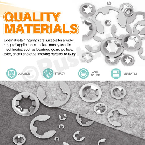 Stainless Steel E Clips and Internal Tooth Star Lock Washers Kit, 304 Grade, shown with various clip and washer sizes.