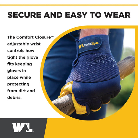 HydraHyde Water Resistant Leather Palm Work Gloves For Men With Flexible Spandex Back And Adjustable Closure Blue X Large Built Tough