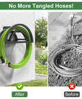 Heavy Duty Outdoor Hose Holder Wall Mount for 125Ft Hose on wall, neatly storing green hose, metal frame, before and after comparison