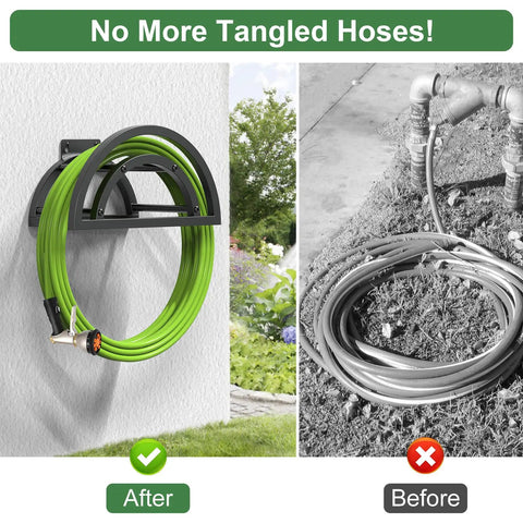 Heavy Duty Outdoor Hose Holder Wall Mount for 125Ft Hose on wall, neatly storing green hose, metal frame, before and after comparison