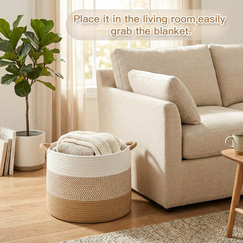 70L Cotton Rope Basket For Living Room And Nursery, Boho Woven Toy Box beside beige sofa with blanket inside