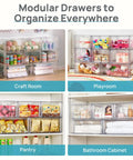 Real Slick Clear Stackable Closet Storage Drawers 4 Pack Medium Capacity 15 Quart Plastic Organizer Bins in craft room and playroom.