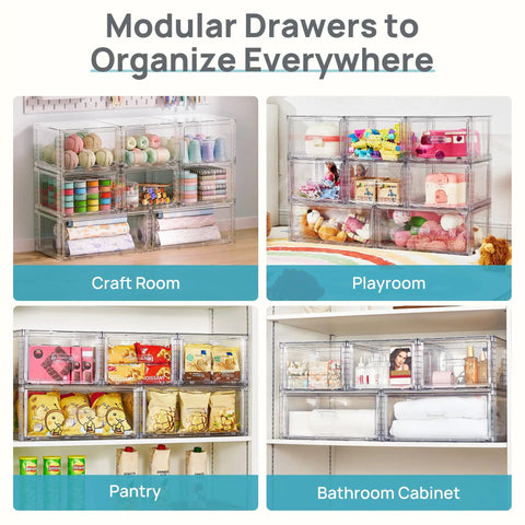 Real Slick Clear Stackable Closet Storage Drawers 4 Pack Medium Capacity 15 Quart Plastic Organizer Bins in craft room and playroom.