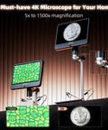 4K 30FPS HDMI Digital Microscope With 10.1 Inch Screen For Soldering And Coin Viewing 1500X Magnification 3840P UHD Video Audio 56 LED Ring Light Full Coin View PC View 64GB, dual-screen display on stand