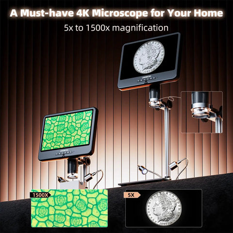4K 30FPS HDMI Digital Microscope With 10.1 Inch Screen For Soldering And Coin Viewing 1500X Magnification 3840P UHD Video Audio 56 LED Ring Light Full Coin View PC View 64GB, dual-screen display on stand