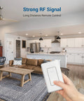 Hand holding Three Way Wireless Light Switch And Receiver Kit With Remote For Ceiling Lights Fans And Lamps No In Wall Wiring No WiFi Needed Wireless Panel Switch 100 Ft RF Range in living room