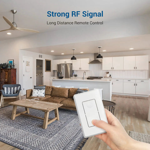 Hand holding Three Way Wireless Light Switch And Receiver Kit With Remote For Ceiling Lights Fans And Lamps No In Wall Wiring No WiFi Needed Wireless Panel Switch 100 Ft RF Range in living room