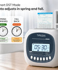 No Sweat Punch Card Time Clock For Employees And Small Business Crews Featuring Six US Time Zones Automatic Daylight Saving Sync Plug And Play Work Hour Logger showing time, card slot, and DST display.