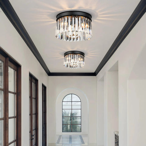 12 Inch Crystal Ceiling Light Black Flush Mount Fixture With Dual Tier K9 Crystal Strips Close To Ceiling Design in hallway