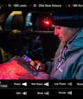 Person using Rechargeable 1000 Lumen Headlamp With Bluetooth App Control, RGB Hunting Modes, for map reading at night