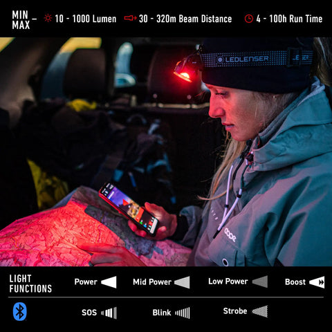 Person using Rechargeable 1000 Lumen Headlamp With Bluetooth App Control, RGB Hunting Modes, for map reading at night
