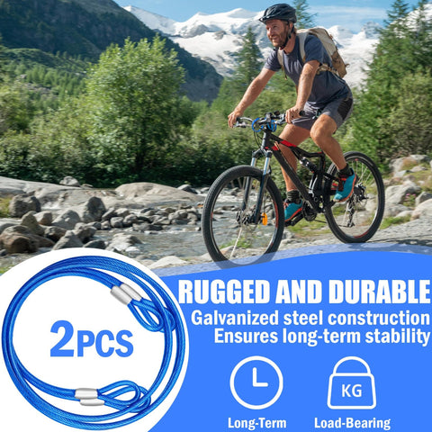 Cyclist with 4ft steel security cable for luggage bike lock and outdoor gear, weatherproof flexible wire rope, pack of 2.