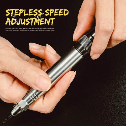 Hands adjusting the speed on a Precision Pneumatic Engraving Pen And Air Scribe Tool for detailed etching work.