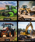 Different types of heavy machinery including a harvester, bulldozer, truck, and excavator in various environments