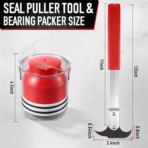 Image showing Two In One Bearing Packer And Seal Puller Tool Kit dimensions with red handle and transparent case.