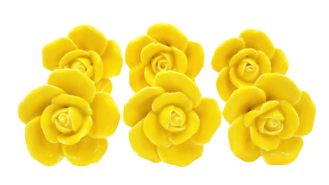 Totally Rad Yellow Ceramic Drawer Knobs Featuring A Sweet Vintage Floral Rose Pattern for Dressers Closets and Kitchen Cupboards Set of 2 With Shiny Polished Finish and Easy Peasy Installation with All Required Screws Included, showcasing yellow flower designs.