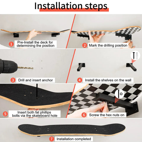 Installation steps for Dope Wall Mounted Skateboard Rack Set displaying drilling and mounting sequence for boards.